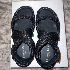 CHRISTIAN DIOR Woven Raffia Black Ocean Sandal Women's Size 38 LIKE NEW
